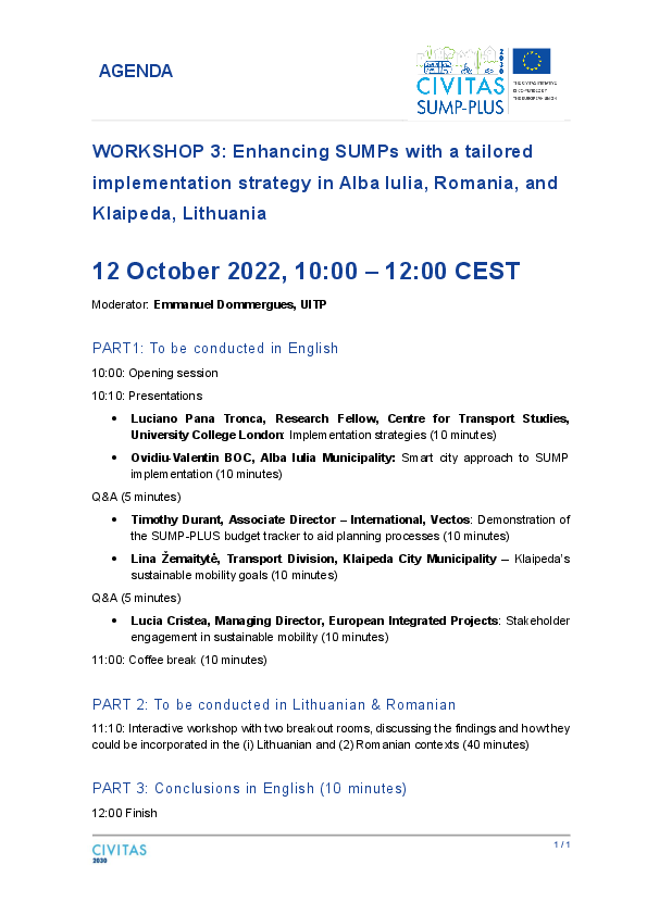 Workshop 3 agenda: Alba Iulia & Klaipeda