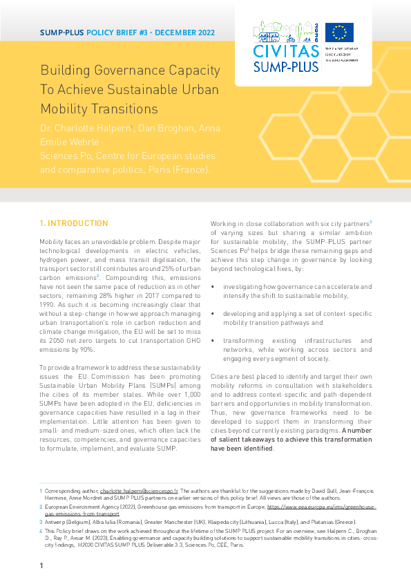 Policy brief 3: Building Governance Capacity To Achieve Sustainable Urban Mobility Transitions
